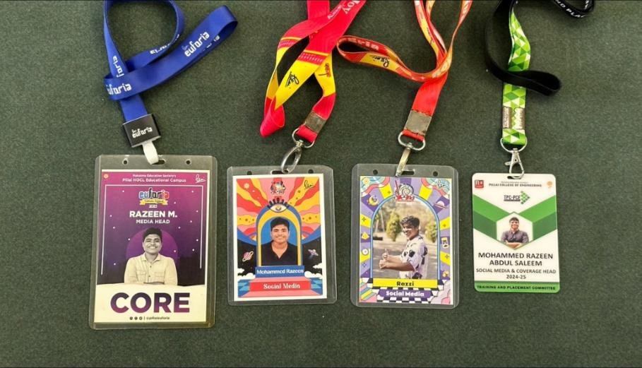 Event lanyards and ID badges laid out on a table